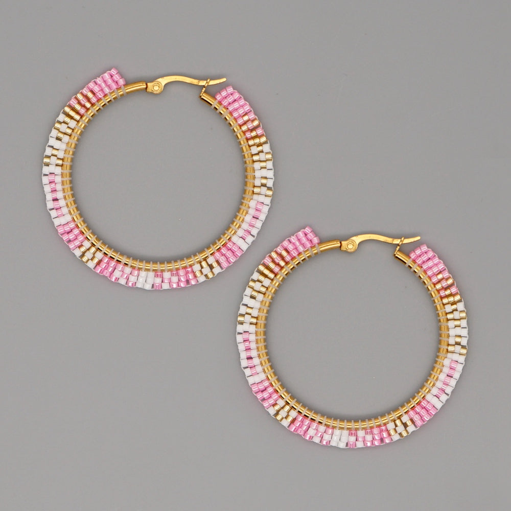 Hand-woven Large Hoop Earrings With Rice Beads